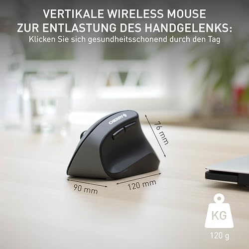 CHERRY MW 4500, Ergonomische Vertikale Maus für Rechtshänder, Kabellos (2,4 GHz Funk), 3-Stufig Regelbare Auflösung Bis 1200 DPI, Batteriebetrieben, Schwarz Bild 3
