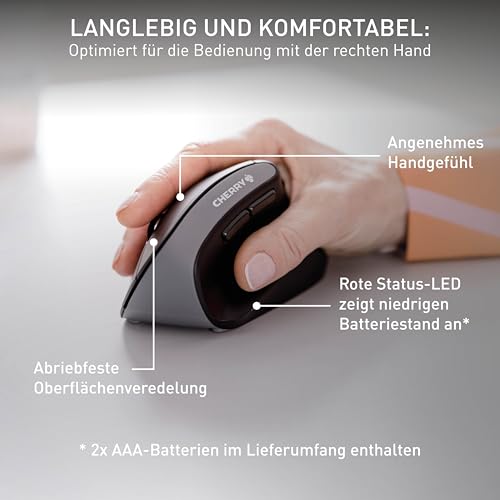 CHERRY MW 4500, Ergonomische Vertikale Maus für Rechtshänder, Kabellos (2,4 GHz Funk), 3-Stufig Regelbare Auflösung Bis 1200 DPI, Batteriebetrieben, Schwarz Bild 5