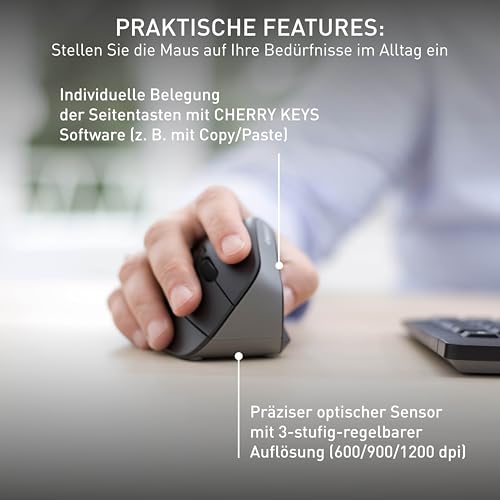 CHERRY MW 4500, Ergonomische Vertikale Maus für Rechtshänder, Kabellos (2,4 GHz Funk), 3-Stufig Regelbare Auflösung Bis 1200 DPI, Batteriebetrieben, Schwarz Bild 6