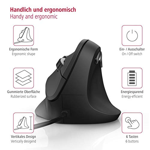 Hama ergonomische Maus (Vertikale Maus kabelgebunden für Rechtshänder, 3 Geschwindigkeitsstufen bis 1800dpi, gegen Tennisarm, Mausarm, RSI-Syndrom) schwarz Bild 2