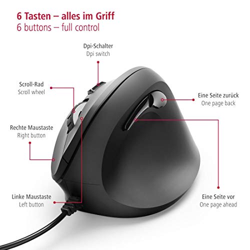 Hama ergonomische Maus (Vertikale Maus kabelgebunden für Rechtshänder, 3 Geschwindigkeitsstufen bis 1800dpi, gegen Tennisarm, Mausarm, RSI-Syndrom) schwarz Bild 4