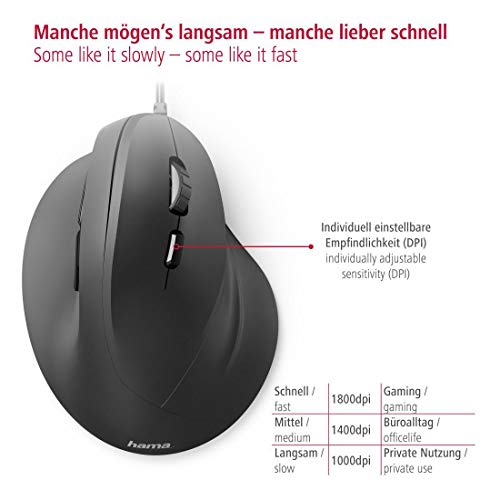 Hama ergonomische Maus (Vertikale Maus kabelgebunden für Rechtshänder, 3 Geschwindigkeitsstufen bis 1800dpi, gegen Tennisarm, Mausarm, RSI-Syndrom) schwarz Bild 5