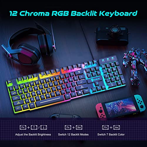 Kabelgebundenes Gaming-Tastatur- und -Maus-Set 12 RGB-Beleuchtungsmodus 104 Tasten Vollständige Anti-Ghosting-Beleuchtung Tastatur 2400 DPI 6-Tasten-USB-optische Spielmaus Mousepad-kompatibel Schwarz Bild 2