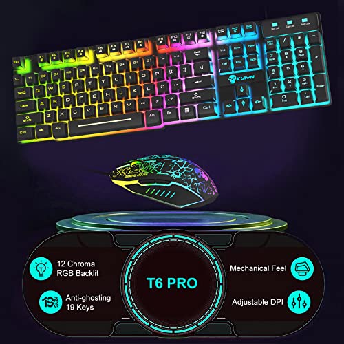 Kabelgebundenes Gaming-Tastatur- und -Maus-Set 12 RGB-Beleuchtungsmodus 104 Tasten Vollständige Anti-Ghosting-Beleuchtung Tastatur 2400 DPI 6-Tasten-USB-optische Spielmaus Mousepad-kompatibel Schwarz Bild 3