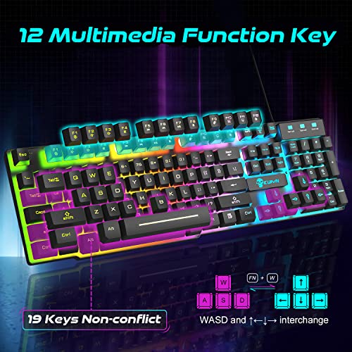 Kabelgebundenes Gaming-Tastatur- und -Maus-Set 12 RGB-Beleuchtungsmodus 104 Tasten Vollständige Anti-Ghosting-Beleuchtung Tastatur 2400 DPI 6-Tasten-USB-optische Spielmaus Mousepad-kompatibel Schwarz Bild 4