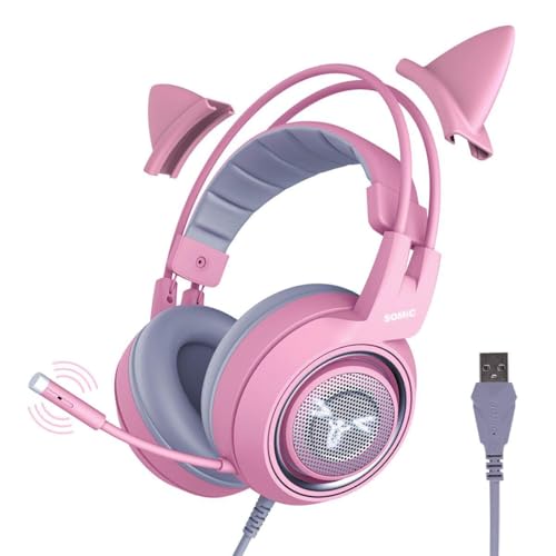 Somic G951rosa Rose Kat Gaming Headset Kopfhörer mit Virtuell 7.1 Klingen und LED Licht, Mikrofon für Computer, PS4, Laptop an Freundin, Frau (USB Stecker) USB-Buchse Rose Bild 1