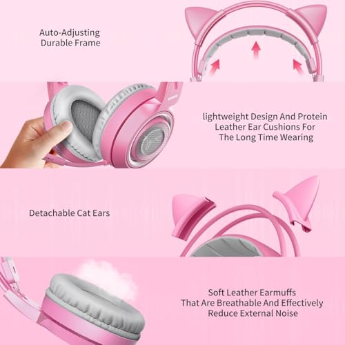 Somic G951rosa Rose Kat Gaming Headset Kopfhörer mit Virtuell 7.1 Klingen und LED Licht, Mikrofon für Computer, PS4, Laptop an Freundin, Frau (USB Stecker) USB-Buchse Rose Bild 5