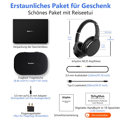 Noise Cancelling Kopfhörer Leichte,Srhythm NC25 Over Ear ANC Kopfhoerer Bluetooth Kabellos Faltbar mit Duale 40 mm HD Tieftontöner,Eingebaut Mikro,HiFi,Tiefer Bass,NFC,für Alle Geräte mit Bluetooth Bild 5