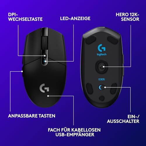 Logitech G G305 LIGHTSPEED kabellose Gaming-Maus mit HERO 12K DPI Sensor, Wireless Verbindung, 6 programmierbare Tasten, 250 Stunden Akkulaufzeit, Leichtgewicht, PC/Mac - Schwarz Bild 6