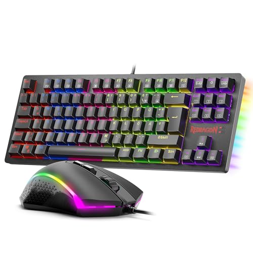 Redragon K552 Gaming Tastatur und Maus, Mauspad Combo 87 Tasten LED Hintergrundbeleuchtung Mechanische Gaming Tastatur mit Brauner Schaltern Gaming Mauspad für Windows PC Spiele - S113 DE QWERTZ Bild 1
