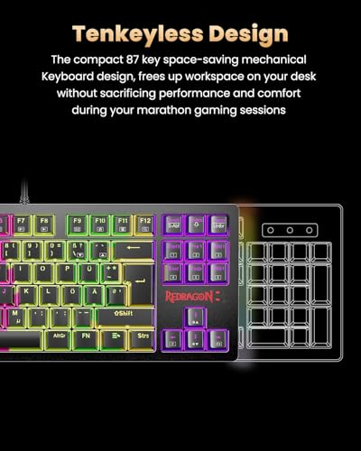 Redragon K552 Gaming Tastatur und Maus, Mauspad Combo 87 Tasten LED Hintergrundbeleuchtung Mechanische Gaming Tastatur mit Brauner Schaltern Gaming Mauspad für Windows PC Spiele - S113 DE QWERTZ Bild 4