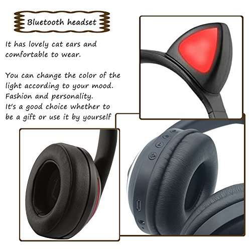 Kabelloser Bluetooth-Kopfhörer, Katzenohren, LED-Licht, blinkend, Stereo-Headset, kompatibel mit Smartphones, PC, Tablet, 7 Farben Bild 2