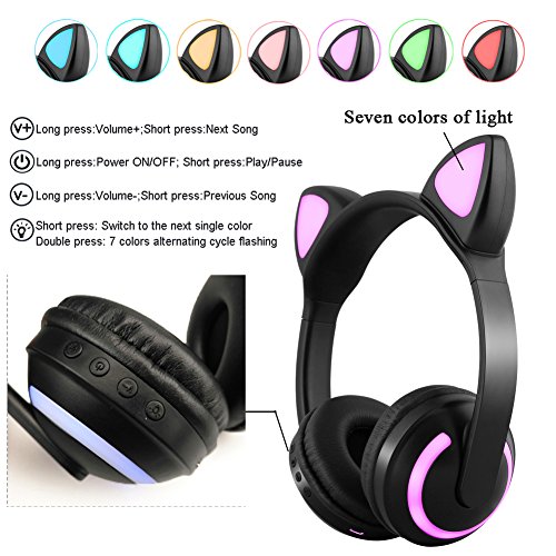 Kabelloser Bluetooth-Kopfhörer, Katzenohren, LED-Licht, blinkend, Stereo-Headset, kompatibel mit Smartphones, PC, Tablet, 7 Farben Bild 3