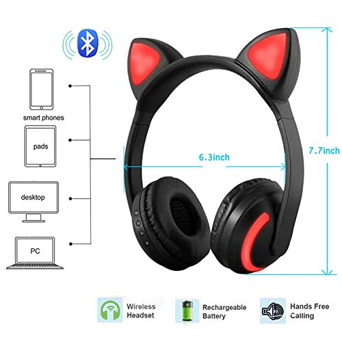 Kabelloser Bluetooth-Kopfhörer, Katzenohren, LED-Licht, blinkend, Stereo-Headset, kompatibel mit Smartphones, PC, Tablet, 7 Farben Bild 4