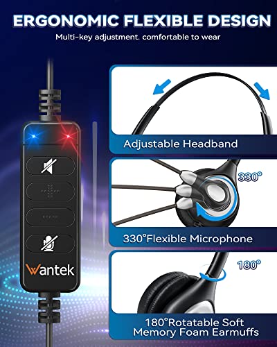 Wantek 602N Headsets mit Noise Cancelling Mikrofon und USB Stecker Typ-C-Adapter Für Call Center PC Computer Office Anrufe Online Konferenzen Teams Meeting Bild 6