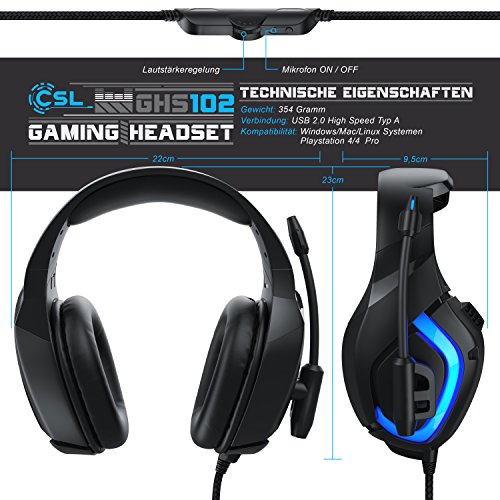 CSL - USB Gaming PC Headset mit Mikrofon - Kabelfernbedienung Externe Soundkarte - Mikrofon flexibel einklappbar - für Gaming Musik Internet-Telefonie - LED-Beleuchtung - für PC Mac Bild 4