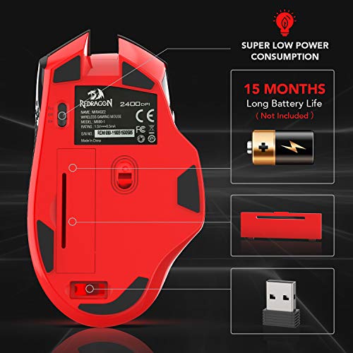 Redragon M690-1 Kabellose Gaming-Maus mit DPI-Schaltung, 2 Seitentasten, 2400 DPI, ergonomisches Design, 8 Tasten, Schwarz Bild 6