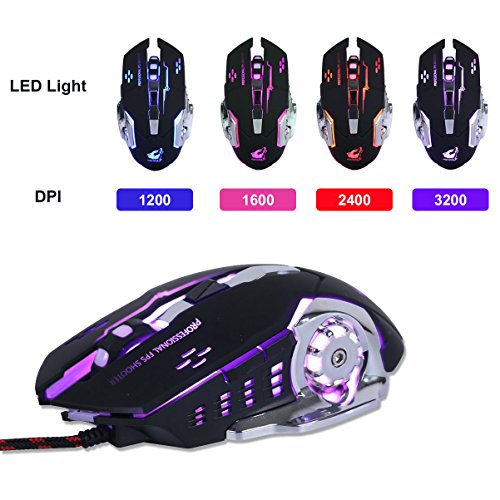 Gaming Maus Verdrahtete, Optische SpielmäUse Mit 6 Tasten, 4 Hintergrundbeleuchtungen, Ergonomische Griffe Und 4 DPI Einstellstufen FüR PC, Laptop Und Mac - GM05 Schwarz Bild 3