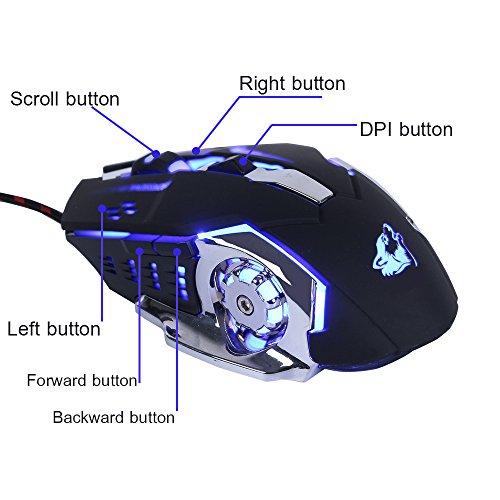 Gaming Maus Verdrahtete, Optische SpielmäUse Mit 6 Tasten, 4 Hintergrundbeleuchtungen, Ergonomische Griffe Und 4 DPI Einstellstufen FüR PC, Laptop Und Mac - GM05 Schwarz Bild 4