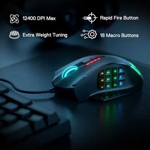 Redragon M908 Impact RGB LED MMO Maus mit Seitentasten, optische kabelgebundene Gaming-Maus mit 12.400DPI, hohe Präzision, 20 programmierbare Maustasten Bild 2