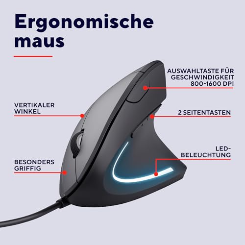 Trust Verto Vertikale Ergonomische Maus, Vorbeugung Gegen Mausarm/Tennisarm (RSI Syndrom), 1000/1600 DPI, LED-Beleuchtung, PC Maus mit Kabel für Rechtshänder, Computer, Laptop, Mac - Schwarz Bild 2