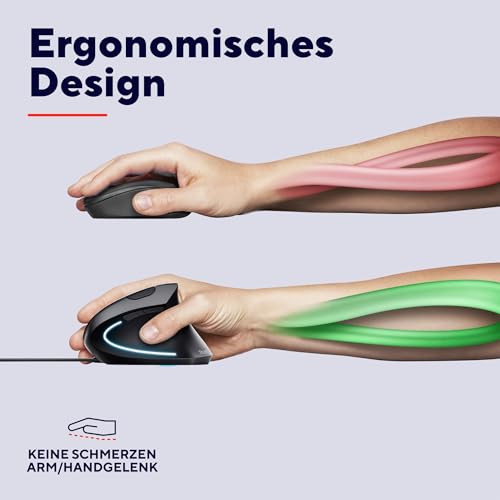 Trust Verto Vertikale Ergonomische Maus, Vorbeugung Gegen Mausarm/Tennisarm (RSI Syndrom), 1000/1600 DPI, LED-Beleuchtung, PC Maus mit Kabel für Rechtshänder, Computer, Laptop, Mac - Schwarz Bild 3