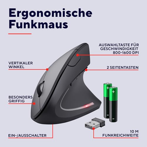 Trust Verto Kabellose Vertikale Maus, Wireless Ergonomische Maus, Vorbeugung Gegen Mausarm/Tennisarm (RSI Syndrom), 800-1600 DPI, Funkmaus für Rechtshänder, PC, Computer, Laptop, Mac, mit Batterien Bild 2
