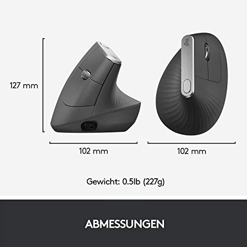Logitech MX Vertical, Ergonomische Kabellose Maus, Bluetooth und 2.4 GHz Verbindung via Unifying USB-Empfänger, 4000 DPI Sensor, Wiederaufladbarer Akku, 4 Tasten, Multi-Device, PC/Mac/iPadOS - Graphit Bild 3