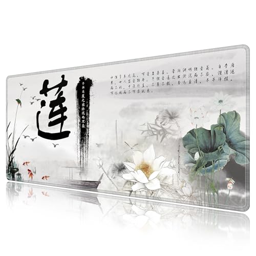 LL-COEUR Große Gaming Laptop Mauspad Tastatur Mausmatte Schreibtischunterlage Büro Desk Pad Schreibunterlage Tuschmalerei (Lotos 2, 900x400x3mm) Bild 1