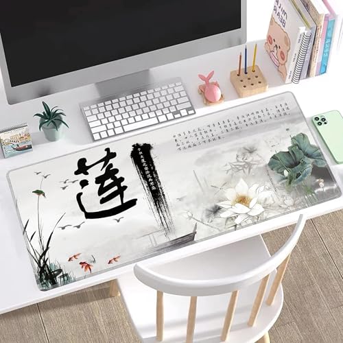 LL-COEUR Große Gaming Laptop Mauspad Tastatur Mausmatte Schreibtischunterlage Büro Desk Pad Schreibunterlage Tuschmalerei (Lotos 2, 900x400x3mm) Bild 3