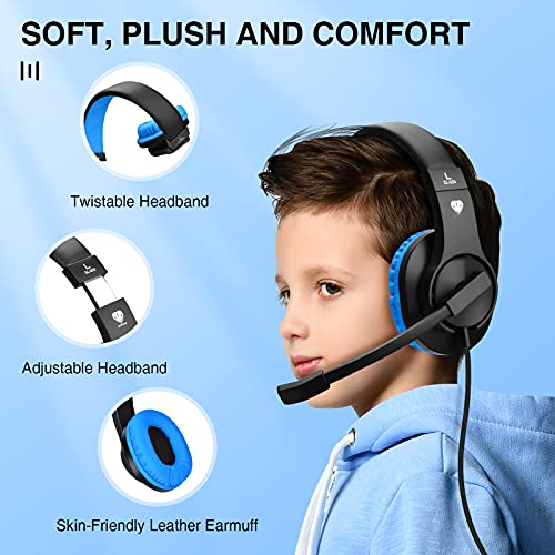 ShinePick Kopfhörer Kinder, 3.5mm Wired Gaming Headset mit Mikrofon, Leicht Bequem Overear Bass Surround für PS4/ Xbox One/s/PC/Computer/Handy (Blau) Bild 3