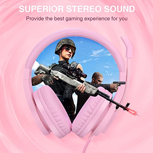 ShinePick Gaming Headset for ps4, 3.5mm Wired Leicht Bequem Overear Bass Surround Kinder Headset mit Mikrofon for PS4/ Xbox One/s/PC/Computer (Rosa) Bild 5