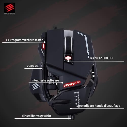 MAD CATZ R.A.T. 6+ Gaming-Maus USB – Ergonomisch mit 11 programmierbaren Tasten – PixArt 3360 Sensor 12.000 DPI – Schwarz mit RGB LED & Anpassbarer Daumen-/Fingerauflage Bild 2