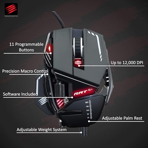 MAD CATZ R.A.T. 8+ Kabelgebundene Gaming-Maus – Ergonomisch – 11 programmierbare Tasten – Pixart 3389 Sensor 16000 DPI – PC Gamer Maus Schwarz mit roter LED & Verstellbarer Handballenauflage Bild 2