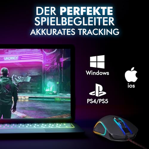 KLIM Aim Gaming Maus RGB Gamer Maus 7000 DPI - Ergonomische RGB Chroma Computermaus mit Kabel für Rechts- und Linkshänder - PS4-Gaming Mouse, Laptop und Desktop-PC + optische Präzisionsmaus - Schwarz Bild 2