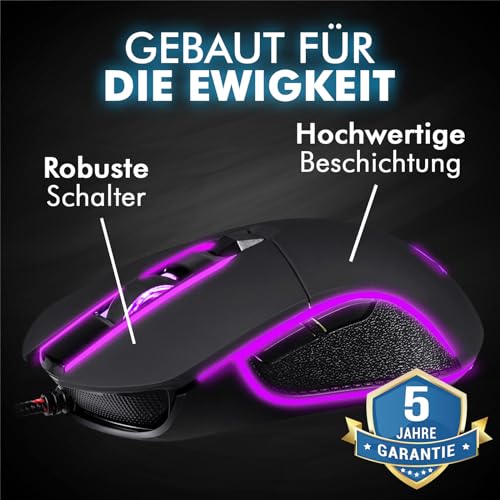 KLIM Aim Gaming Maus RGB Gamer Maus 7000 DPI - Ergonomische RGB Chroma Computermaus mit Kabel für Rechts- und Linkshänder - PS4-Gaming Mouse, Laptop und Desktop-PC + optische Präzisionsmaus - Schwarz Bild 6