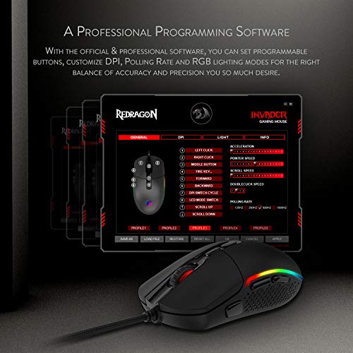 Redragon M719 Invader Optische Gaming-Maus, kabelgebunden, 7 programmierbare Tasten, RGB-Hintergrundbeleuchtung, 10.000 DPI, ergonomische Gaming-Maus für PC und Computer mit Fire Button Bild 4