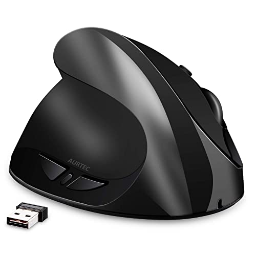 AURTEC Linkshändermaus, wiederaufladbare 2,4G-Drahtlos-Ergonomische Vertikalmäuse mit USB-Empfänger, 6 Tasten und 3 einstellbaren DPI 800/1200/1600 für Linkshänder, Schwarz Bild 1
