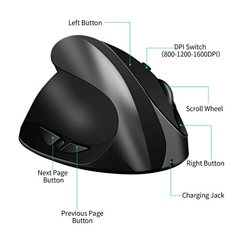 AURTEC Linkshändermaus, wiederaufladbare 2,4G-Drahtlos-Ergonomische Vertikalmäuse mit USB-Empfänger, 6 Tasten und 3 einstellbaren DPI 800/1200/1600 für Linkshänder, Schwarz Bild 5