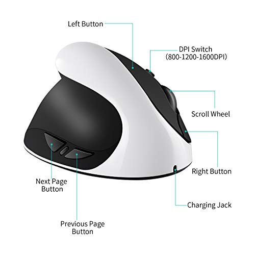 AURTEC Linkshändermaus, wiederaufladbare 2,4G-Drahtlos-Ergonomische Vertikale Mäuse mit USB-Empfänger, 6 Tasten und 3 einstellbaren DPI 800/1200/1600 für Linkshänder, Weiß Bild 5