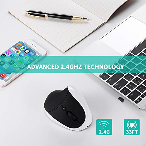 AURTEC Vertikale Maus, Wiederaufladbare 2.4G Wireless-Mäuse mit USB-Empfänger, 6 Tasten und 3 Einstellbaren DPI 800/1200/1600, Weiß Bild 3