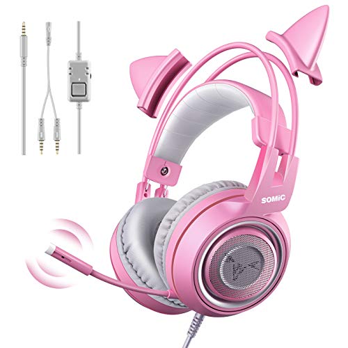 Somic G951S Rosa Gaming-Headset mit Mikrofon, Mädchen Frauen Rosa Katze Ohr-Kopfhörer mit 3,5-mm-Kabel für Xbox One, PS4, Smartphone Bild 1