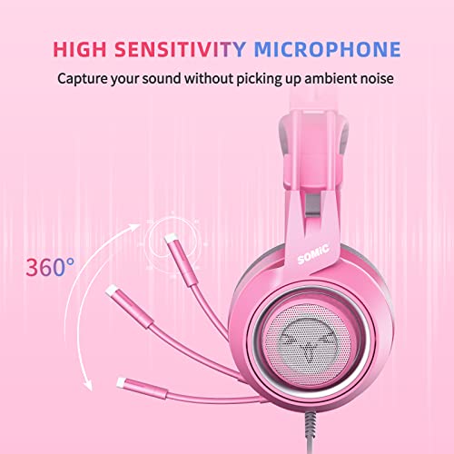 Somic G951S Rosa Gaming-Headset mit Mikrofon, Mädchen Frauen Rosa Katze Ohr-Kopfhörer mit 3,5-mm-Kabel für Xbox One, PS4, Smartphone Bild 3