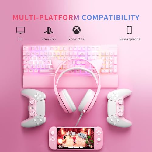 Somic G951S Rosa Gaming-Headset mit Mikrofon, Mädchen Frauen Rosa Katze Ohr-Kopfhörer mit 3,5-mm-Kabel für Xbox One, PS4, Smartphone Bild 4