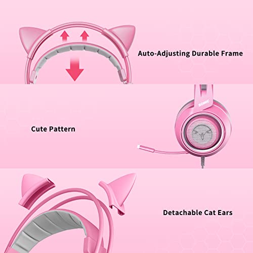 Somic G951S Rosa Gaming-Headset mit Mikrofon, Mädchen Frauen Rosa Katze Ohr-Kopfhörer mit 3,5-mm-Kabel für Xbox One, PS4, Smartphone Bild 5