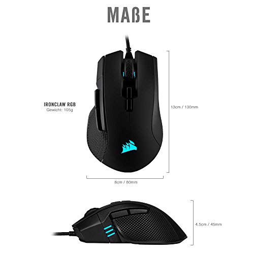Corsair IRONCLAW RGB Wired FPS/MOBA Gaming Mouse - 18.000 DPI - 7 Programmierbare Tasten - Designed Für Große Hände - iCUE Kompatibel - PC, Mac, PS5, PS4, Xbox - Schwarz Bild 3