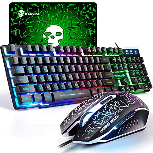 Set aus Tastatur und Maus, UK-Layout, ergonomische Gaming-Tastatur mit Regenbogen-Hintergrundbeleuchtung + 2400 DPI 6 optische Tasten, Gaming-Maus USB, Rainbow LED + kostenloses Mauspad Bild 1