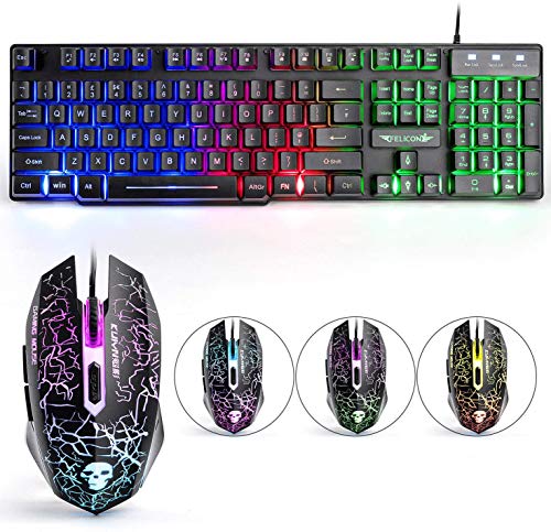 Set aus Tastatur und Maus, UK-Layout, ergonomische Gaming-Tastatur mit Regenbogen-Hintergrundbeleuchtung + 2400 DPI 6 optische Tasten, Gaming-Maus USB, Rainbow LED + kostenloses Mauspad Bild 2