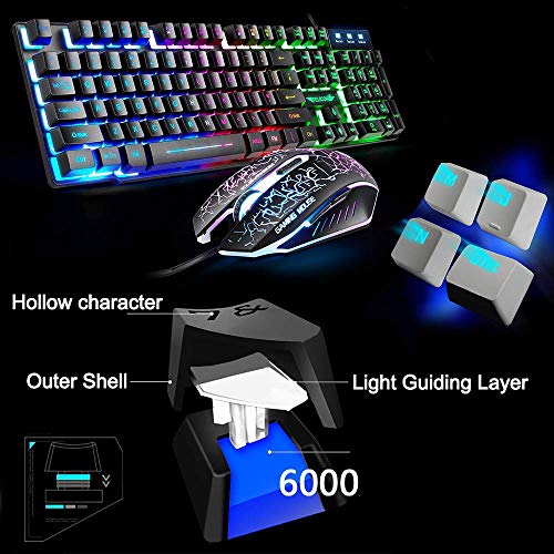 Set aus Tastatur und Maus, UK-Layout, ergonomische Gaming-Tastatur mit Regenbogen-Hintergrundbeleuchtung + 2400 DPI 6 optische Tasten, Gaming-Maus USB, Rainbow LED + kostenloses Mauspad Bild 4
