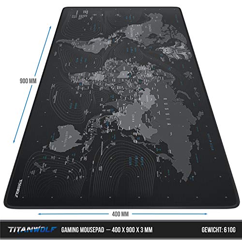 TITANWOLF XXL Speed Gaming Mauspad - 900 x 400mm - XXL Mousepad - Tischunterlage Large Size - verbessert Präzision und Geschwindigkeit - rutschfest - Design Weltkarte Wolfskopf Bild 2
